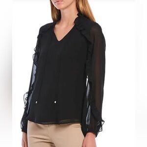 New Calvin Klein Womens Sheer Tie Neck Blouse, Black size small